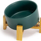 SPUNKYJUNKY 15° Slanted Ceramic Dog and Cat Bowl with Wooden Stand, Tilted Bulldog Food and Water Bowl No Slip Non-Spill for Cats Medium Dogs Big Face Pets 28.7 OZ (3.6 Cups, Green)