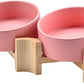 SPUNKYJUNKY 15° Slanted Ceramic Dog and Cat Bowl with Wooden Stand, Tilted Bulldog Food and Water Bowl No Slip Non-Spill for Cats Medium Dogs Big Face Pets 13.5 OZ (1.7 Cups, Pink × 2)