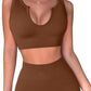 QINSEN Workout Outfits for Women 2 Piece Ribbed Seamless Crop Tank High Waist Yoga Leggings Sets