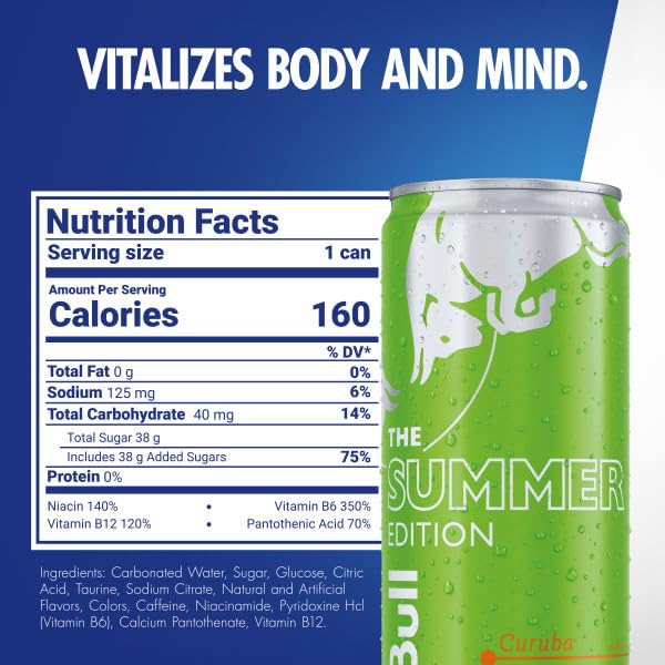 Red Bull Green Edition Energy Drink, Curuba Elderflower, with 114mg Caffeine plus Taurine & B Vitamins, 12 Fl Oz, Pack of 24 Cans