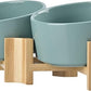 SPUNKYJUNKY 15° Slanted Ceramic Dog and Cat Bowl with Wooden Stand, Tilted Bulldog Food and Water Bowl No Slip Non-Spill for Cats Medium Dogs Big Face Pets 28.7 OZ (3.6 Cups, Light Green × 2)