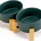 SPUNKYJUNKY 15° Slanted Ceramic Dog and Cat Bowl with Wooden Stand, Tilted Bulldog Food and Water Bowl No Slip Non-Spill for Cats Medium Dogs Big Face Pets 28.7 OZ (3.6 Cups, Green × 2)
