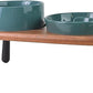SPUNKYJUNKY Ceramic Elevated Dog Bowls with Slow Feeder Raised with Acacia Bamboo Wooden Stand, 6.1'' Dog and Cat Food Water Bowls Set Non-Slip for Small Medium Sized Breed - Dark Green