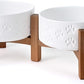SPUNKYJUNKY Ceramic Elevated Dog Bowl Set with Acacia Wood Stand for Food and Water for Cats and Small Dogs (13.52 OZ, White, Dog Paw Pattern)