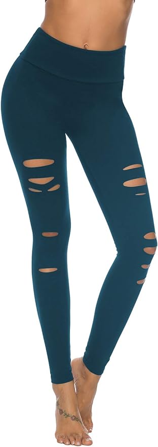 DIBAOLONG Womens High Waist Yoga Pants Cutout Ripped Tummy Control Workout Running Yoga Skinny Leggings