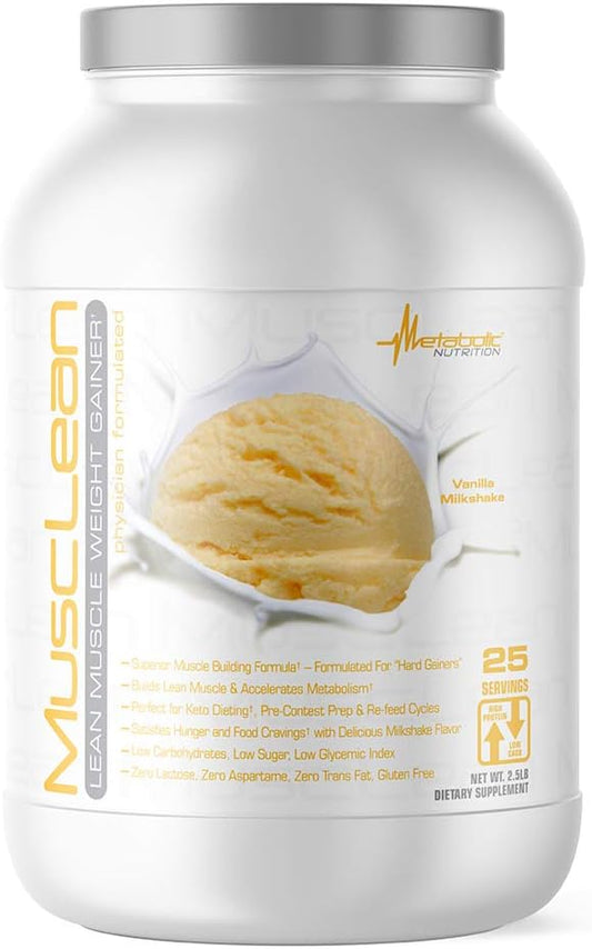 Metabolic Nutrition - Musclean - Milkshake Weight Gainer, Whey High Protein Meal Replacement, Maintenance Nutrition, Low Carb, Keto Diet, Digestive Enzymes, Vanilla, 2.5 Pound (25 ser)