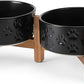 SPUNKYJUNKY Ceramic Elevated Dog Bowl Set with Acacia Wood Stand for Food and Water for Cats and Small Dogs (13.52 OZ, Black, Dog Paw Pattern)