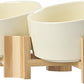 SPUNKYJUNKY 15° Slanted Ceramic Dog and Cat Bowl with Wooden Stand, Tilted Bulldog Food and Water Bowl No Slip Non-Spill for Cats Medium Dogs Big Face Pets 28.7 OZ (3.6 Cups, Beige × 2)