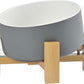 SPUNKYJUNKY 15° Slanted Ceramic Dog and Cat Bowl with Wooden Stand, Tilted Bulldog Food and Water Bowl No Slip Non-Spill for Cats Medium Dogs Big Face Pets 28.7 OZ (3.6 Cups, White-Grey)
