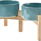 SPUNKYJUNKY Elevated Dog Bowls Ceramic, 6.1'' Dogs and Cat Food Water Bowls Raised with Non-Slip Bamboo Stand for Medium Sized Breed Microwave Dishwasher Safe - 28.7 OZ,Dark Green