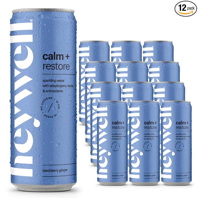 Heywell Sparkling Adaptogenic Water Calm and Restore, Blackberry Ginger Flavor 12 Fluid Ounce (Pack of 12) - Non Caffeinated, Organic, Non GMO, Vegan, Gluten Free, Dairy Free