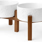 SPUNKYJUNKY Ceramic Elevated Dog Bowl Set with Acacia Wood Stand for Food and Water for Small Medium Sized Dogs (28.74 OZ, White, Dog Paw Pattern)