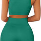 QINSEN Workout Outfits for Women 2 Piece Ribbed Seamless Crop Tank High Waist Yoga Leggings Sets