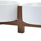 SPUNKYJUNKY Ceramic Dog Bowls with Acacia Wood Stand - Raised Dog Food and Water Bowl Set for Small Dogs (13.52 OZ, White)