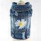 Dog Denim Jacket with Embroidered Daisy, Ripped Vintage Jean Vest for Small Dogs, Pugs, Chihuahuas, Spring Summer Autumn Festival Outfit