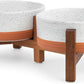 SPUNKYJUNKY Ceramic Elevated Dog Bowl Set with Acacia Wood Stand for Food and Water for Cat and Small Dog (13.52 OZ, White and Reddish Brown)