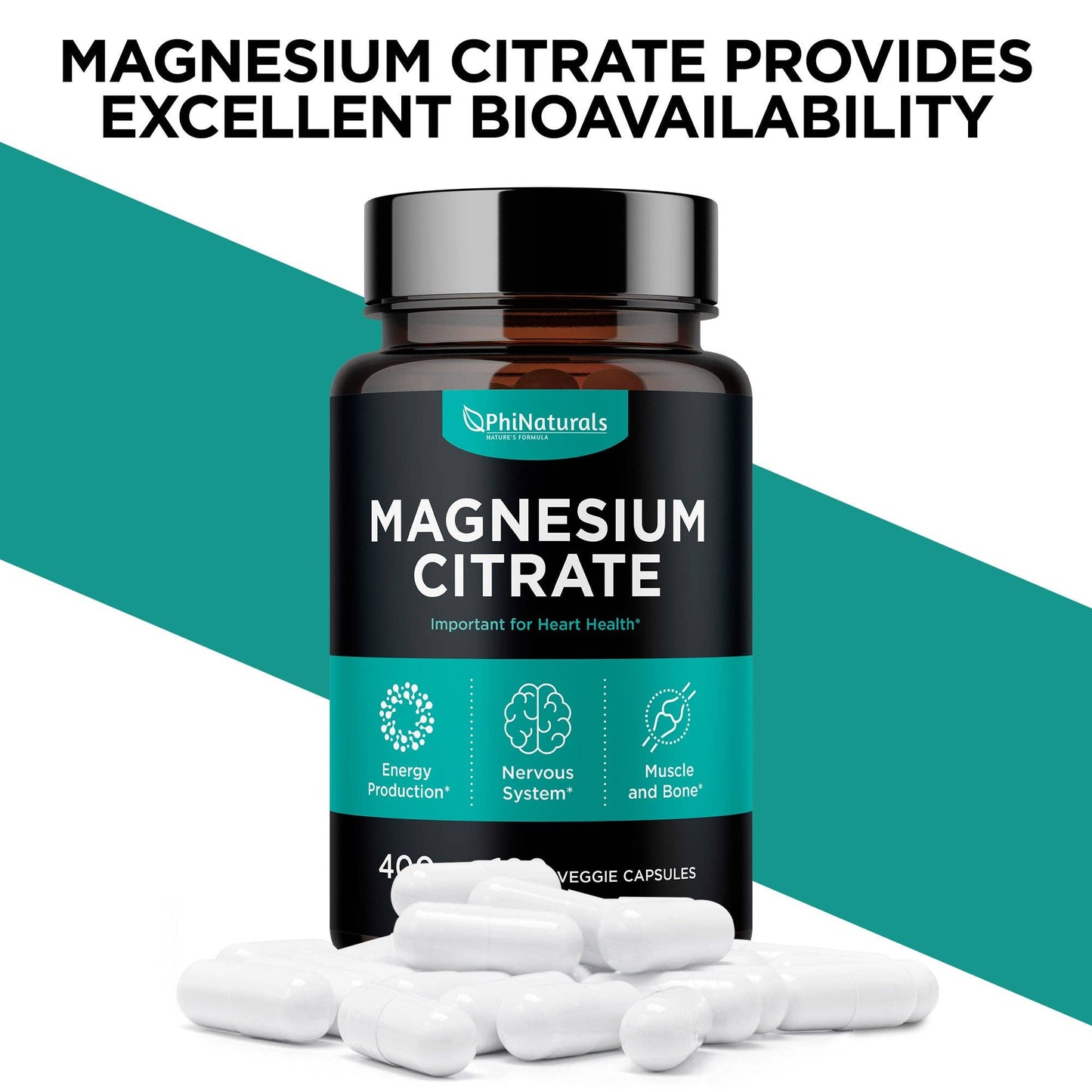 Phi Naturals Magnesium Citrate 400mg – Sleep, Relaxation, Muscle & Energy Support | Non-GMO, Gluten Free