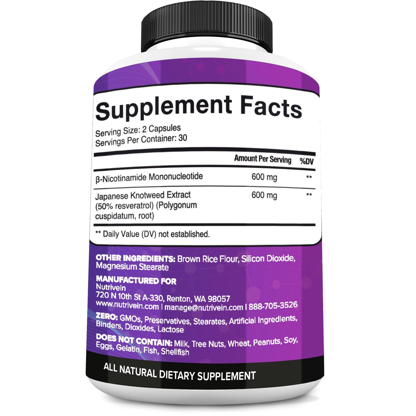 Nutrivein NMN + Resveratrol 600mg: 30 Serv./60 Caps