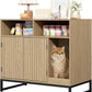 Cat Litter Box Enclosure, Large Hidden Pet Storage Cabinet Furniture with Waveform Fluted Doors & Scratching Pad, Modern Wooden Cat House Indoor for Washroom, Living Room, Bedroom, Natural