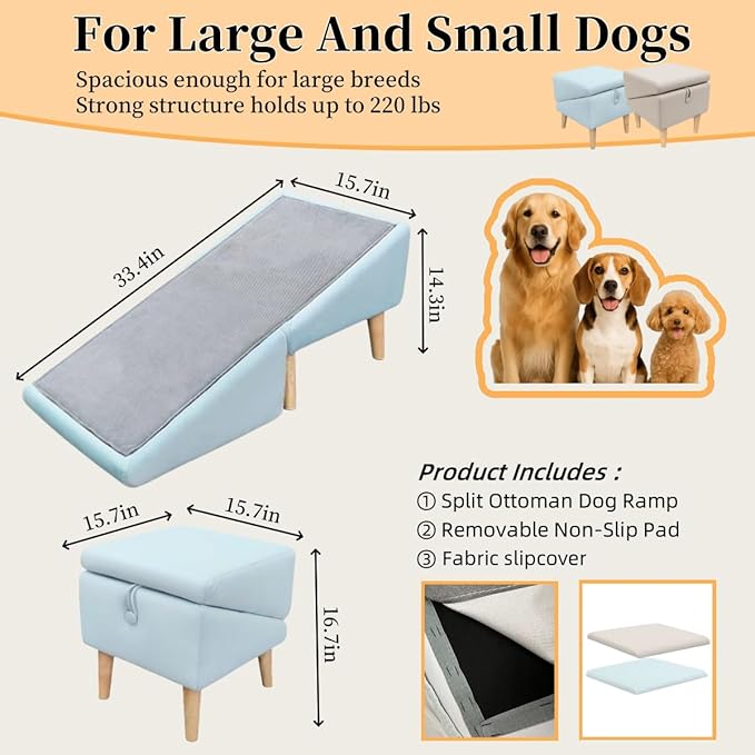 Split Ottoman Dog Ramp, Folding Pet Ramps Stairs for Couch, Pet Ramps Stairs for Small and Large Dogs, Holds up to 220 lbs (Beige, One Size)