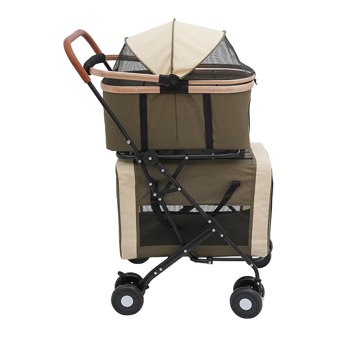 Double Pet Stroller for Dogs and Cats, Foldable Dog Stroller Travel Carriage with Detachable Carriers, Safety Belts, and 4 Lockable Wheels for Small to Medium Pets (Dark Green)