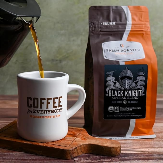Fresh Roasted Coffee, Organic Black Knight | USDA Organic, Kosher | Dark Roast 12 oz Whole Bean