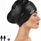 Large Thick Hair Swim Cap with Extra Room for Women Men, Premium Silicone Swimming Cap for Long Hair with Ear Plugs Nose Clip Set, Adult Waterproof Swim Hats Bathing Caps to Keep Hair Dry