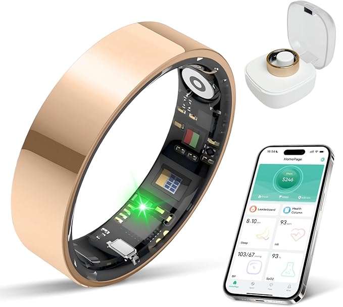 Smart Ring with Sleep Apnea Monitoring, No APP Subscription, 10-Day Battery Life, Stress/Heart Rate/Women's Health Tracker, Android & iOS Compatible (Rose Gold, 7)