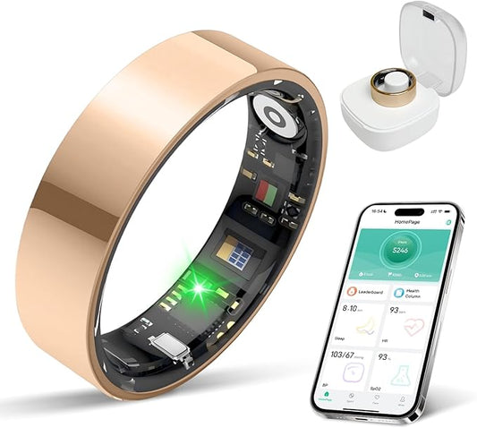 Smart Ring with Sleep Apnea Monitoring, No APP Subscription, 10-Day Battery Life, Stress/Heart Rate/Women's Health Tracker, Android & iOS Compatible (Rose Gold, 7)
