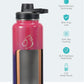 BUZIO 32 oz Water Bottle Insulated with Straw & 3 lid and Carrying Pouch, Leak Proof Anti-Slip Stainless Steel Water Flask Jug, Cold for 48 Hrs Double Vacuum Thermo Canteen, Pearlescent Red Black