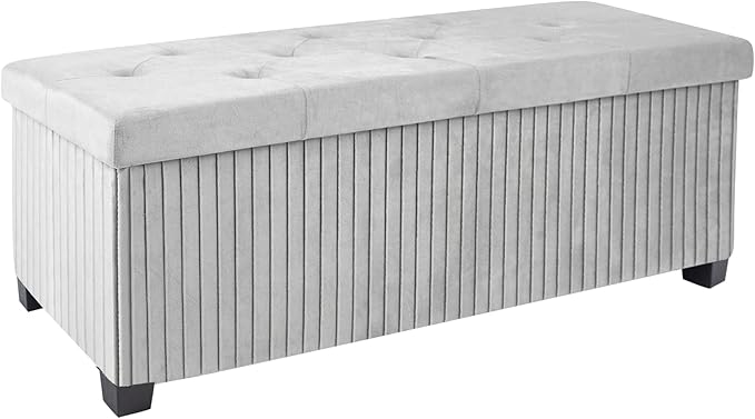 Storage Ottoman Bench, 43 Inch Foldable Ottoman with Legs, Velvet Foot Rest Stool, End of Bed Bench, Storage Chest for Living Room, Bedroom (Grey)