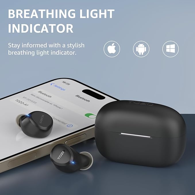 TOZO A1 Wireless Earbuds Bluetooth 5.3 Light Weight in Ear IPX5 Waterproof Headphones 2 Mic for AI Calls, Immersive Premium Sound Bass Headset with Charging Case, 32 Presets EQ Customization via App