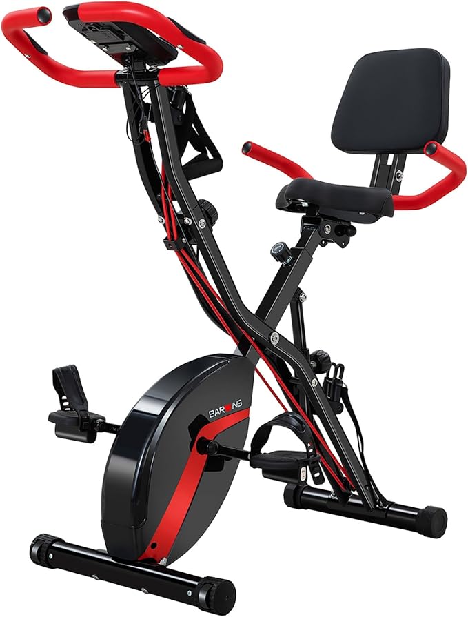 BARWING Stationary Exercise Bike for Home Workout, 5 IN 1 Foldable Indoor Cycling Bike for Seniors, 350LB Capacity, 16-Level Magnetic Resistance, Seat Backrest Adjustments