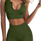 QINSEN Workout Outfits for Women 2 Piece Ribbed Seamless Crop Tank High Waist Yoga Leggings Sets