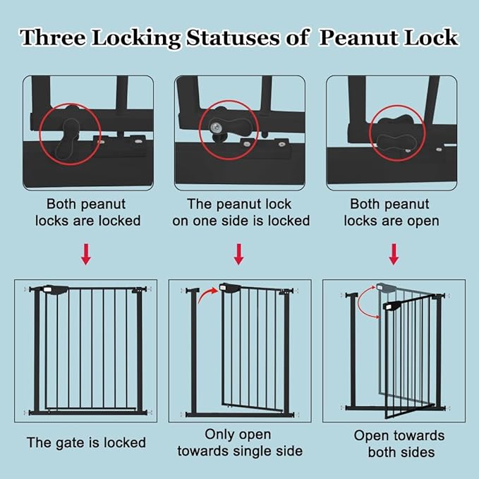 WAOWAO Triple Lock Baby Gate Extra Wide 67.32-72.04" Pressure Mounted Walk Through Swing Auto Close Safety Black Metal Dog Pet Puppy Cat for Stairs,Doorways,Kitchen