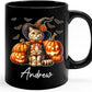 Personalized American Bobtail with Pumpkins Coffee Cup, American Bobtail Wearing Witch Hat Mug, Custom Name Halloween Cat Ceramic Mugs, Pet Black Cup 11oz 15oz, Gift for Cat Lover Pet Owner