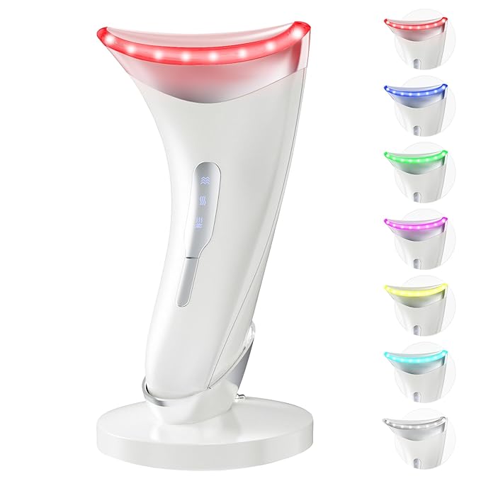 Red Light Therapy for Face and Neck, 7 Color Facial Massager with Adjustable Vibration and Thermals for Wrinkles, Double Chin, Portable Skin Care Tool with Base, White
