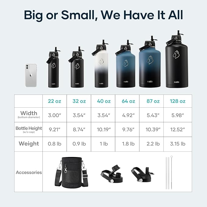 BUZIO Insulated Water Bottle with Straw Lid and Flex Cap, 40oz Modern Double Vacuum Stainless Steel Water Flask, Cold for 48 Hrs Hot for 24 Hrs Simple Thermo Canteen Mug