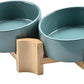 SPUNKYJUNKY 15° Slanted Ceramic Dog and Cat Bowl with Wooden Stand, Tilted Bulldog Food and Water Bowl No Slip Non-Spill for Cats Medium Dogs Big Face Pets 13.5 OZ (1.7 Cups, Light Green × 2)