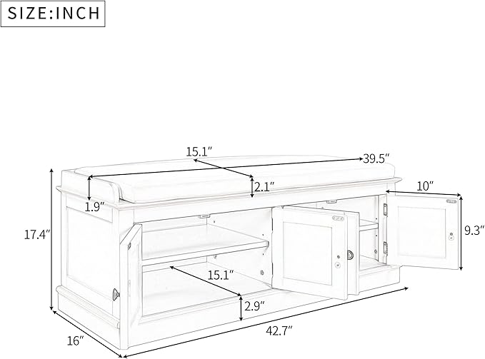 Storage Bench with 4 Doors and Adjustable Shelves, Shoe Bench with Removable Cushion for Living Room, Entryway 42.7" L x 16" W x 17.4" H (Antique Navy)