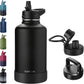 64oz Insulated Water Bottle with Straw, Half Gallon Stainless Steel Vacuum Water Jug, Large Thermal Water Bottle Flask with Leakproof 3 Lids for Travel, Camping, Gym Sports Black
