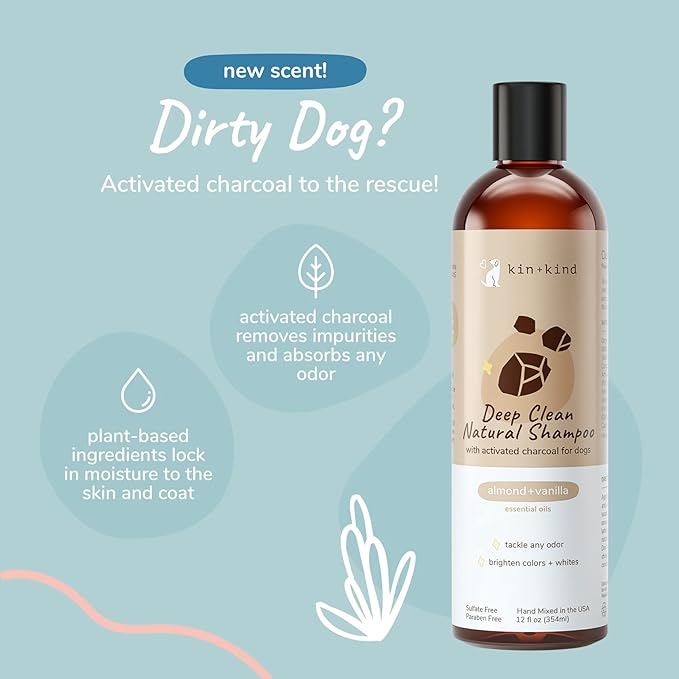 kin+kind Dog Shampoo - Deep Clean, Dirt & Odor Remover w/Activated Charcoal for Dogs, Gentle Formula w/Natural Aloe, Olive Oil & Coconut Oil, Pet Care & Grooming Products, Almond & Vanilla, 12 fl oz