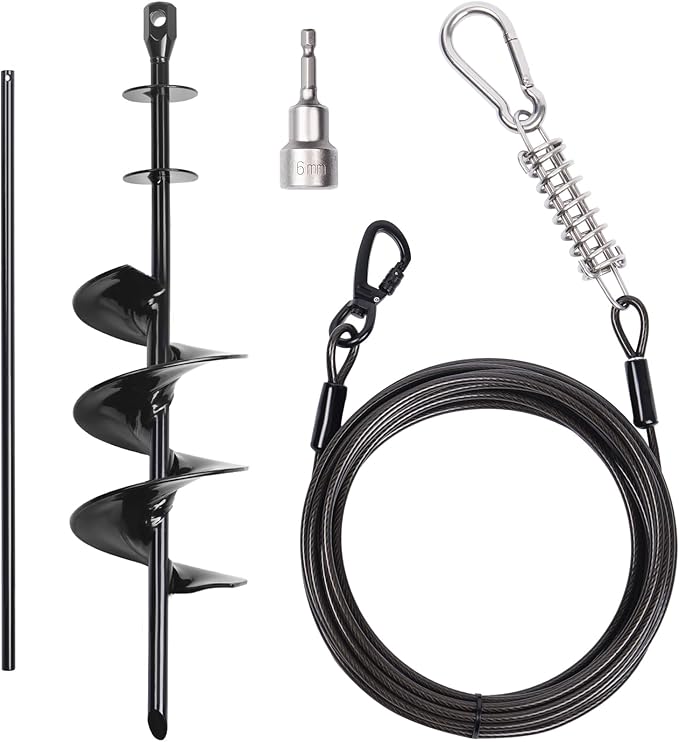 Heavy Duty Dog Tie-Out Cable and Stake for Yard Camping, with 30ft Heavy Duty Cable with Spring, for Small Medium Large Dogs up to 210 lbs, 360°Swivel Dog Run- No Tangle, Spiral Dog Stake