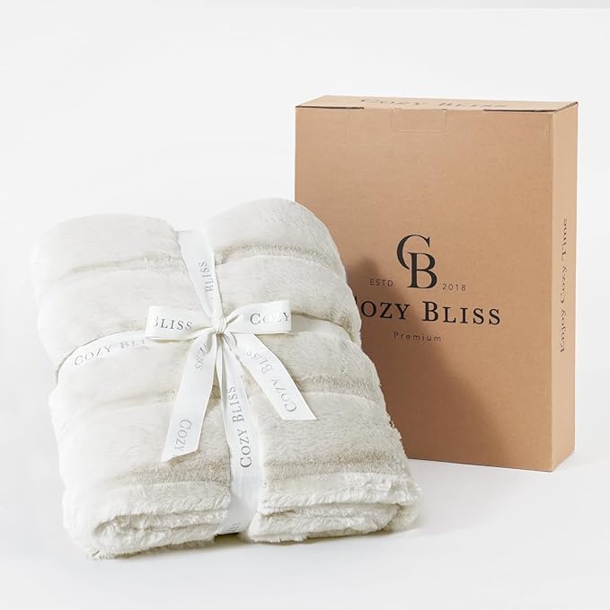 Cozy Bliss Faux Fur Throw Blanket for Couch, Cozy Soft Plush Thick Winter Blanket for Sofa Bedroom Living Room, 60 * 80 Inches Beige