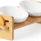 FUKUMARU Elevated Cat Ceramic Bowls, Small Dog 15° Tilted Raised Food Feeding Dishes, Solid Bamboo Water Stand Feeder Set for Cats and Puppy