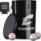 CHAMPRO CBB-200D Full Grain Leather Cover Baseballs with Cosmetic Blem in a Black Bucket – 30 Balls and one Rods Can Sleeve Included