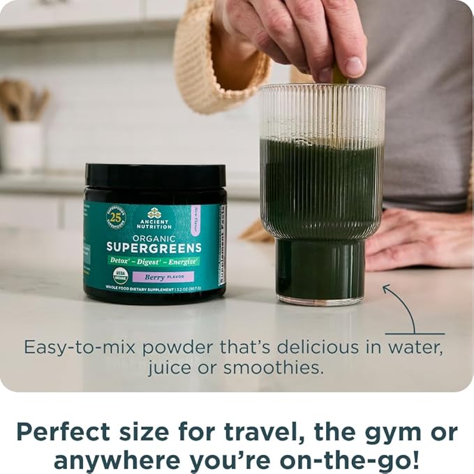 Ancient Nutrition SuperGreens Powder with Probiotics, Organic Berry Flavor Greens, Made from Real Fruits, Vegetables and Herbs, Digestive and Energy Support, 12 Servings, 3.2oz