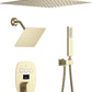 Temperature Display Brushed Gold Shower System Set, Push Button Shower Faucet with 12 inch Ceiling Mount Shower Head and 8 inch Wall Mount Shower Head, with Handheld Shower