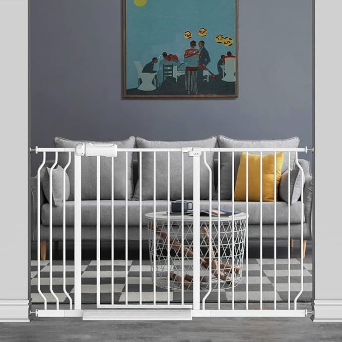 TSAYAWA Walk Through Baby Gate with Door, 48.1-52.7 Inch Wide Presure Mounted No Drill Metal Auto Close Child Gate for Stair Doorway - Indoor Outdoor Safty Gate for Toddler Dog Doggie, White
