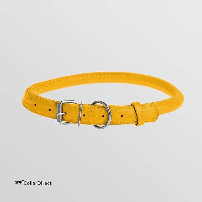 CollarDirect Rolled Leather Dog Collar, Soft Padded Round Puppy Collar, Handmade Genuine Leather Collar Dog Small Large Cat Collars 13 Colors (8-11 Inch, Yellow Textured)